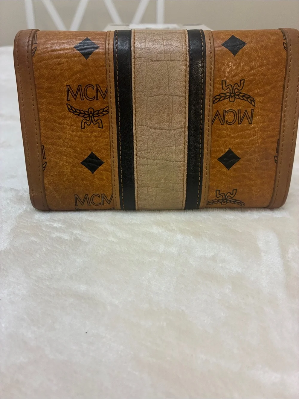 MCM Tan Cognac & Black Leather Visetos Trifold Wallet with Cream Stripe